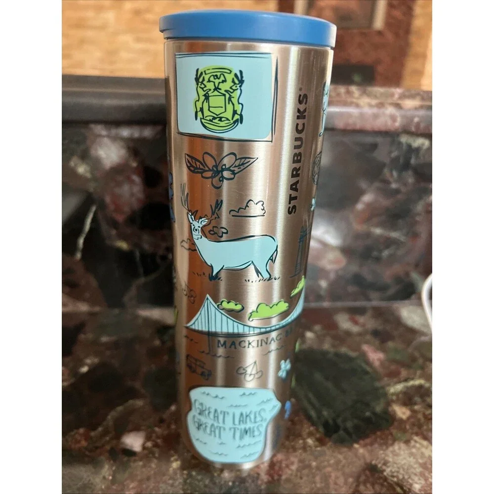 Starbucks Been There Series Michigan Stainless Steel Tumbler 16 Oz Blue Lid